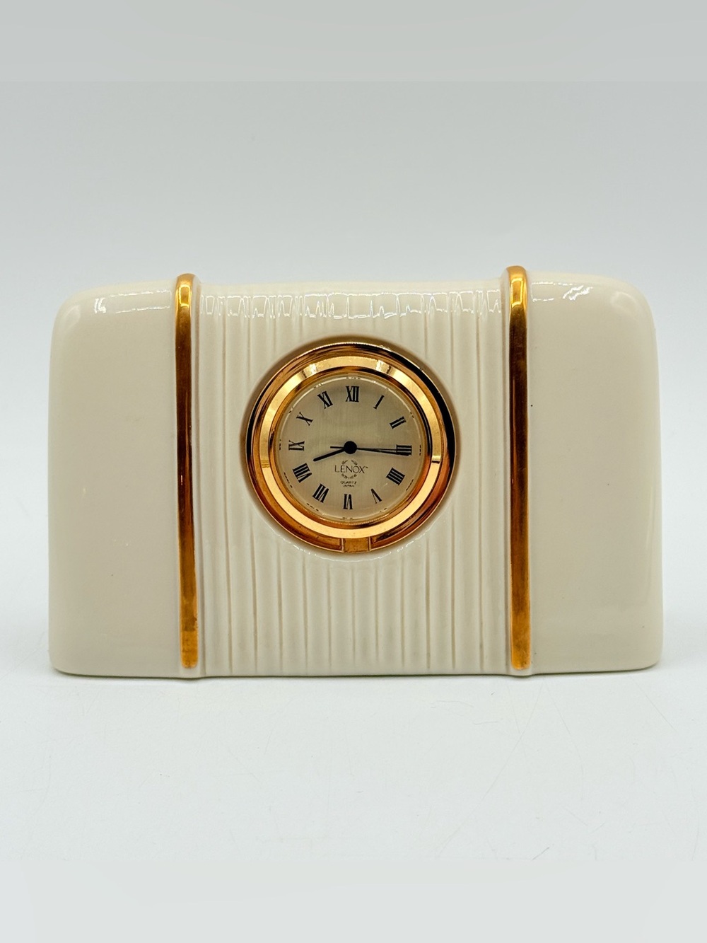 Vintage Lenox Porcelain Mantel Desk Clock Ivory Gold Tone Quartz Made USA Works
